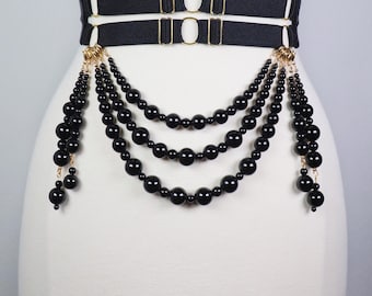 Wide satin elastic belt with rows of Onyx pearls