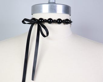 Onyx beaded choker necklace with removable satin bow
