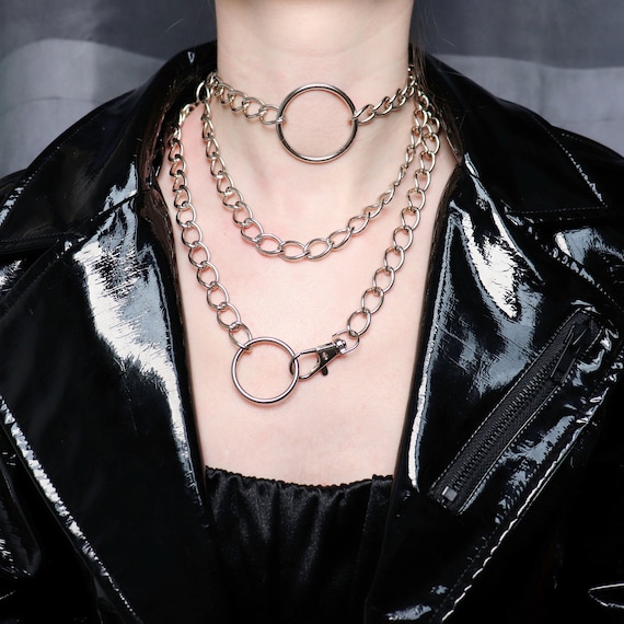 Three Row Necklace With Silver Color Chain And O Ring Chain Etsy Ireland