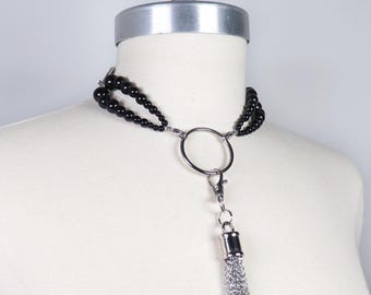 Onyx teardrop bead necklace with O ring and chain tassel