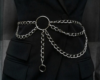 Waist and hips belt in silver color chain and O ring, handmade