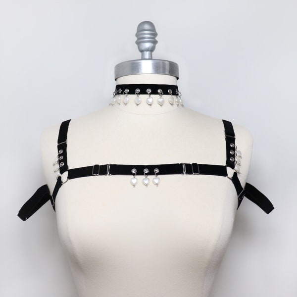 Velvet mini harness and heart beads with arm cuffs