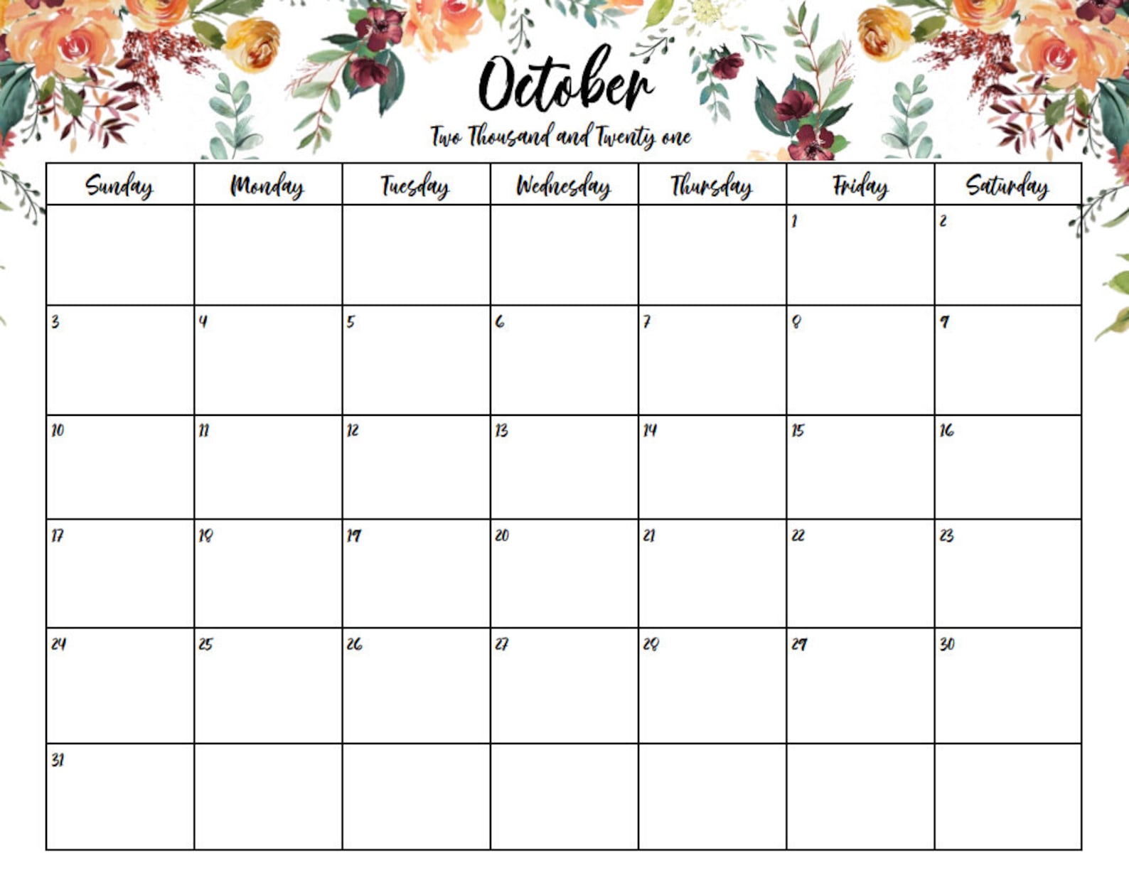 calendar october 2021 printable editable