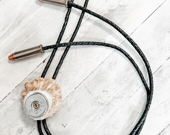 Bolo Ties with Antler Burr Slides, shotgun shell and bullet ends.