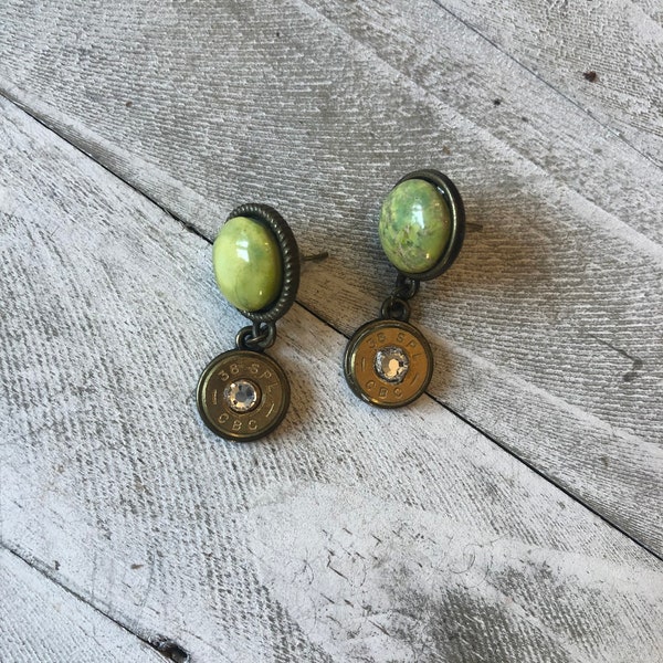 Peridot Cabochons Post Earrings with 45 caliber Bullet & Swarovski Crystals.