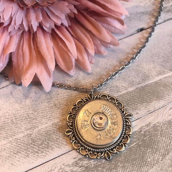 Rock-it Riley 12 gauge Winchester Shotgun Shell Necklace with a Swarovski Crystal and a magnetic closure