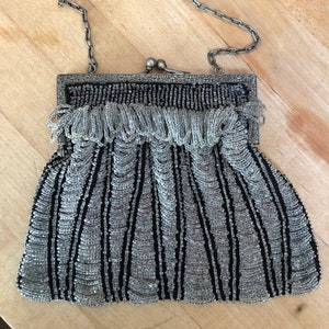 Early 1900s Antique Swag Beaded Evening Bag // Crystal Clear & Black Glass Beads Knitted with Black Thread // Silver Tone Hinge Clasp Purse