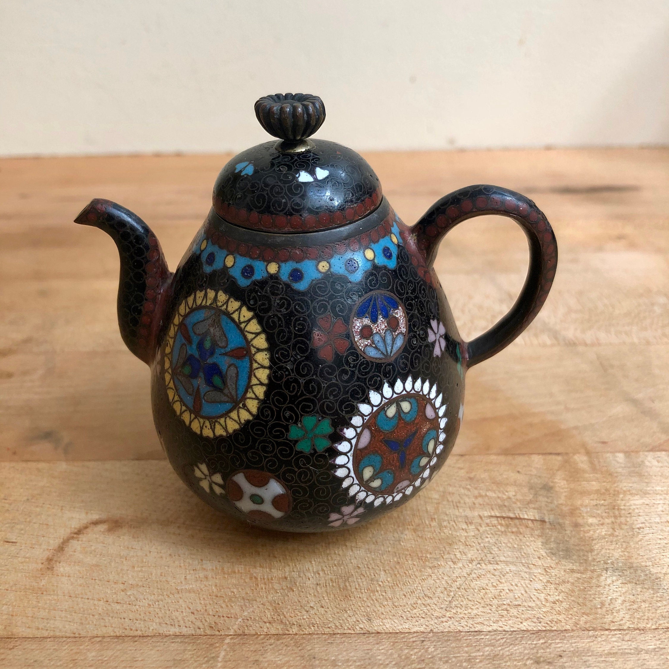 Antique Chinese Cloisonne Minature Oriental Teapot // Metalwork and