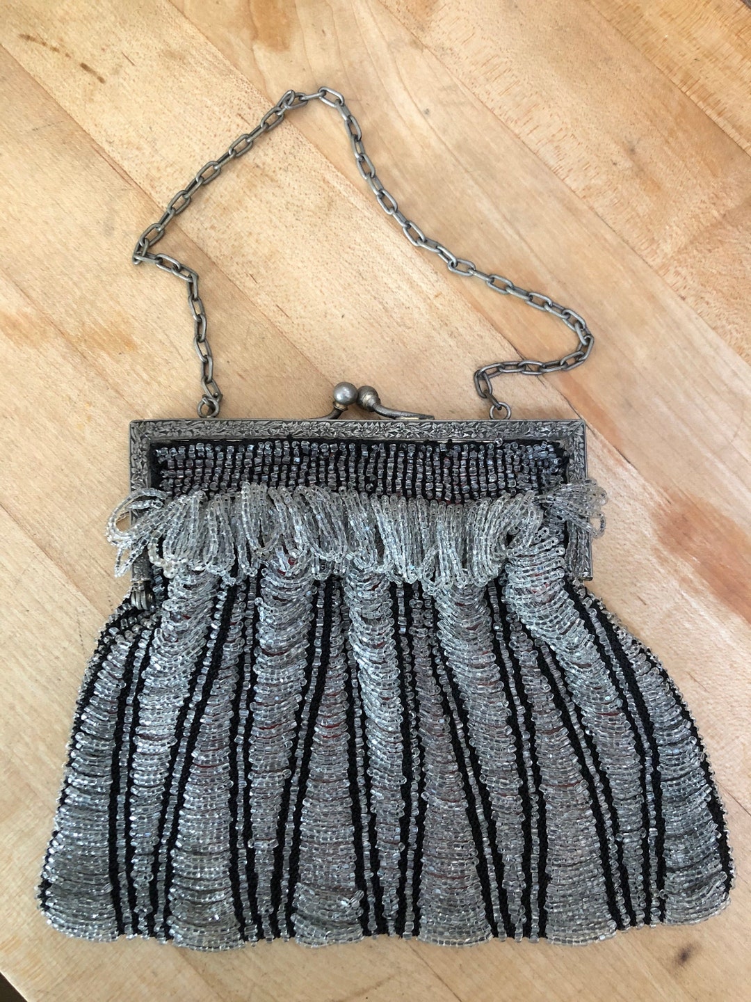 Early 1900s Antique Swag Beaded Evening Bag // Crystal Clear &amp; Black ...