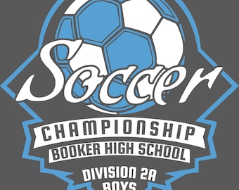 Puede incluir: Gráfico gris con un balón de fútbol en azul claro y blanco. La palabra "Soccer" está en escritura blanca sobre las palabras "Championship Booker High School Division 2A Boys 2024" en blanco y azul claro.