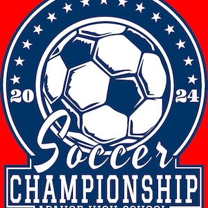 Puede incluir: Un logotipo de campeonato de fútbol azul y blanco con un balón de fútbol, estrellas y el texto "Soccer Championship Apahoe High School 2024".