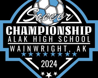 Puede incluir: Logotipo de campeonato de fútbol negro y azul claro con un balón de fútbol en la parte superior. El texto dice "Soccer Championship Alak High School Wainwright, AK 2024".