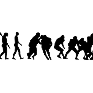 Może przedstawiać: Czarno-biała ilustracja przedstawiająca ewolucję człowieka od prymitywnego małpy do współczesnego człowieka grającego w rugby.