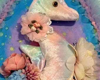 Upcycled Plushie Seahorse Wall Plaque, Home Decor, Baby Nursery Teen Accent