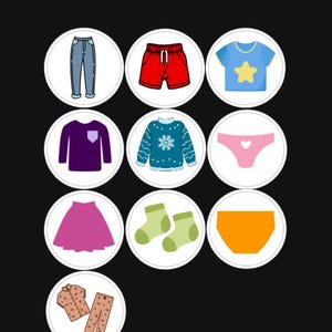 Może przedstawiać: Kolekcja ilustrowanych elementów odzieży w formacie kołowym. Zawiera dżinsy, szorty, koszulkę, sweter, bieliznę, spódnicę, skarpetki i piżamę. Każdy element jest przedstawiony w prostym, kreskówkowym stylu.