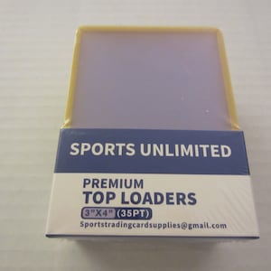 May include: A package of 35 clear plastic top loaders for trading cards. The package is labeled "Sports Unlimited Premium Top Loaders 3" x 4" (35PT) SportsTradingCardSupplies@gmail.com"