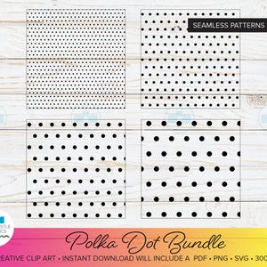 Könnte beinhalten: Ein digitales Kunstpaket mit vier nahtlosen Polka-Dot-Mustern in Schwarz und Weiß. Das Bild enthält den Text "SEAMLESS PATTERNS • 4 PACK" und "Polka Dot Bundle". Die Kunst stammt von River Castle Graphics.