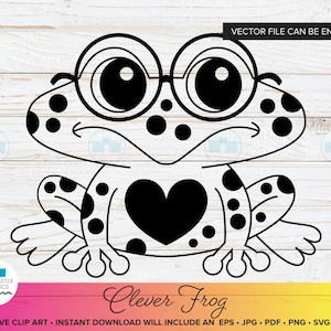 May include: A black and white line art illustration of a frog wearing round glasses. The frog features a large heart shape on its chest and circular spots on its head and limbs. The text "VECTOR FILE CAN BE ENLARGED" appears in the top right corner.