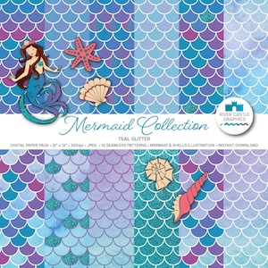 Mermaid Pattern Digital Paper - Mermaid Style Glitter Scales Digital Paper