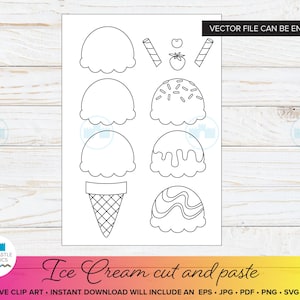 May include: A black and white digital illustration featuring various ice cream elements including scoops, a waffle cone, a cherry, a strawberry, and wafer sticks. The text "VECTOR FILE CAN BE ENLARGED" is visible in the upper right corner of the graphic.