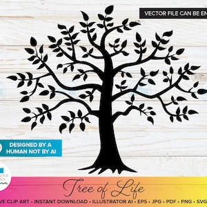 May include: A black silhouette graphic of a tree with spreading branches and leaves. The image includes text stating VECTOR FILE CAN BE ENLARGED, DESIGNED BY A HUMAN NOT BY AI, RIVER CASTLE GRAPHICS, and Tree of Life with file formats listed.