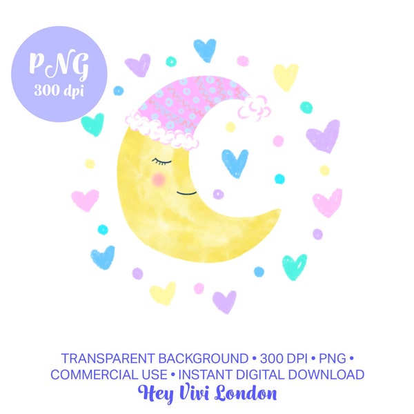 PNG sublimation sleepy moon sleeping hat, cute watercolor dreamy whimsical girly yellow pink moon hearts clipart png, transparent background