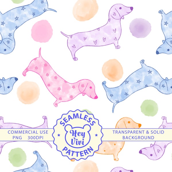 Watercolor Dachshund dogs seamless pattern, colorful sausage dog surface pattern repeat, pink blue purple orange wiener dog digital file