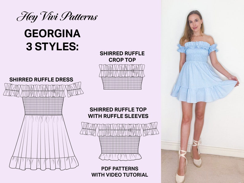 Shirred Dress Digital Sewing Pattern, Shirred Crop Top Pattern, Ruffle