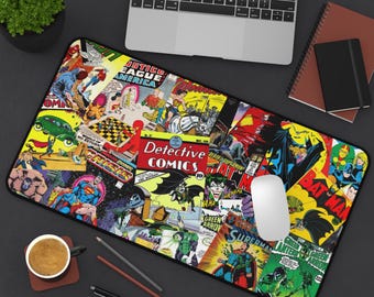 DCコミックスのスーパーヒーローデスクマット、バットマン、スーパーマン、ジャスティスリーグのコミックカバーマウスパッド、レトロゲームデスクセットアップマット、コミックブックオフィス装飾