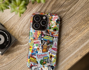 コミックブックの携帯電話ケース、クラシックコミックカバーのコラージュ携帯電話カバー、スパイダーマン、アイアンマン、アベンジャーズ、ヴィンテージコミックアート保護ケース