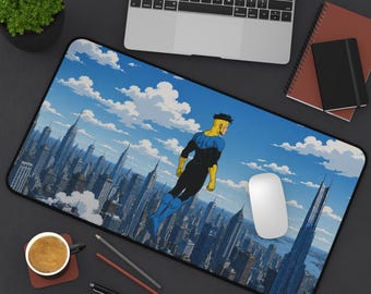 Invincible Flying Desk Mat, Mark Grayson Superhero Gaming Mouse Pad, Inspirational Skyline Desk Setup, Comic Fan Gift, Superhero Gift