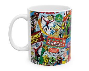 Comic Book Coffee Mug, Classic Comic Covers Collage Ceramic Mug, Avengers Spider-Man Iron Man Vintage Comic Covers, 11oz, 15oz