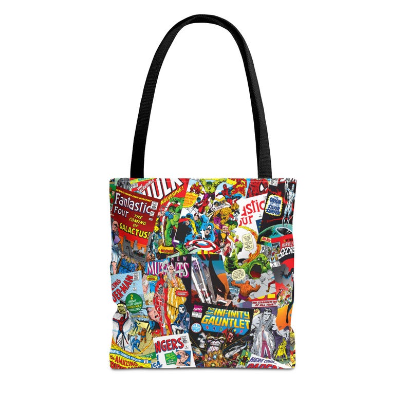Marvel Comics Collage Tote Bag, Vintage Spider-Man Avengers Comic Book Cover Tote, Retro Superhero Market Bag, Marvel Fan Gift image 1
