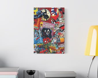 Lienzo collage de cómics de Spider, impresión de cómics retro, portadas de cómics de Spider, lienzo de cómics de superhéroes, regalo de héroe