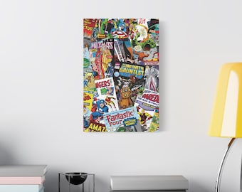 Lienzo de cómic de superhéroes, collage de portadas de cómics clásicos, póster de Los Vengadores, Spider-Man, Iron Man y Hulk, regalo de cómics retro.