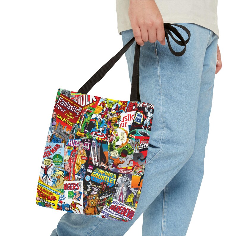 Marvel Comics Collage Tote Bag, Vintage Spider-Man Avengers Comic Book Cover Tote, Retro Superhero Market Bag, Marvel Fan Gift image 3