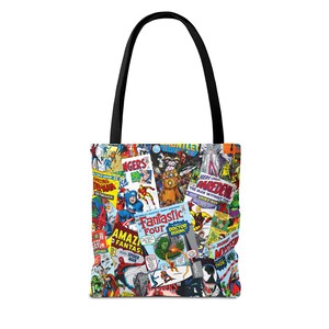 Marvel Comics Collage Tote Bag, Vintage Spider-Man Avengers Comic Book Cover Tote, Retro Superhero Market Bag, Marvel Fan Gift image 2