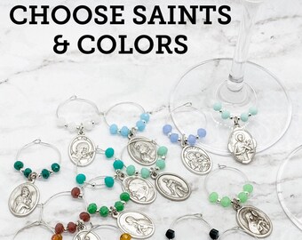 Custom Saint Wine Charms | Glass | Hematite | Silver | Catholic Wine Charms | Catholic Gift | Housewarming, Hostess, Wedding, Birthday Gift