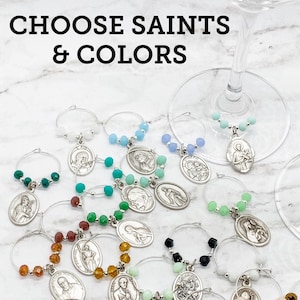 Custom Saint Wine Charms | Glass | Hematite | Silver | Catholic Wine Charms | Catholic Gift | Housewarming, Hostess, Wedding, Birthday Gift