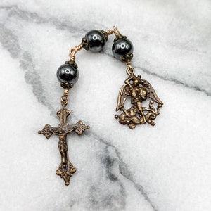 St. Michael Three Hail Mary Chaplet | Hematite | Solid Bronze | Catholic Gift | Catholic Chaplet | Prayer Beads | Patron Saint of Police