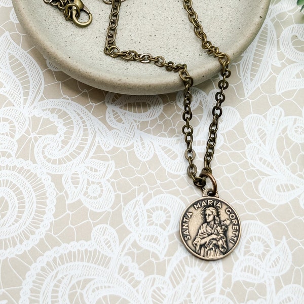 St. Maria Goretti 22" Bronze Necklace | Solid Bronze Medal | Bronze Cable Chain | Optional Freshwater Pearl | Patron Saint of Young Women