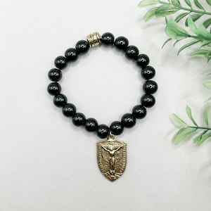 CLEARANCE Crucifixion & Queen of Heaven Stretch Bracelet | Black Jasper | Gold | Hematite | Catholic Gift | Religious Gift | Confirmation