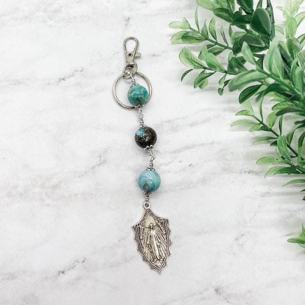 Our Lady and Sacred Heart Three Hail Mary Keychain/Bag Clip | Aqua Terra Agate | Catholic/Religious Gift | Sacrament Gift |Catholic Keychain