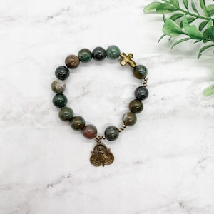 CLEARANCE Infant of Prague Single-Decade Rosary Bracelet | Ocean Jasper | Solid Bronze | Hematite | Catholic Gift | Confirmation Gift