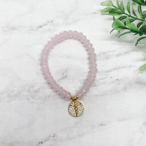 ABSTAND Kruzifix Stretch Armband | Rosen Jade | Hämatit | Massiv Bronze | Katholische Schmuck Geschenk | Religiöses Geschenk | Kruzifix Armband