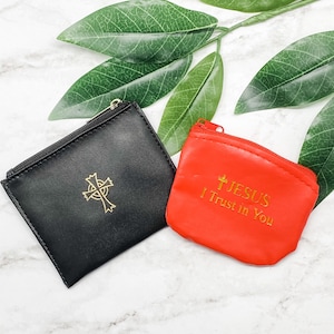 Bolsa/bolsa para terço católico | Bolsa com zíper para terço em couro preto | Bolsa/bolsa vermelha para terço da Divina Misericórdia | Bolsa para lembranças | Bolsa protetora para terço