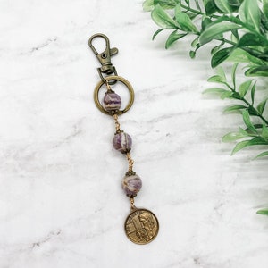 CLEARANCE St. Joseph the Worker Three Hail Mary Keychain/Purse Clip | Amethyst | Solid Bronze | Catholic/Religious Gift |Confirmation Gift