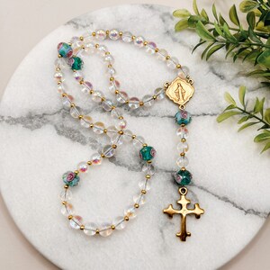 Rosary Beads | Iridescent Glass | Gold | Steel Wire Flexible Rosary |Catholic Gift |Religious Gift |Confirmation | Wedding Gift