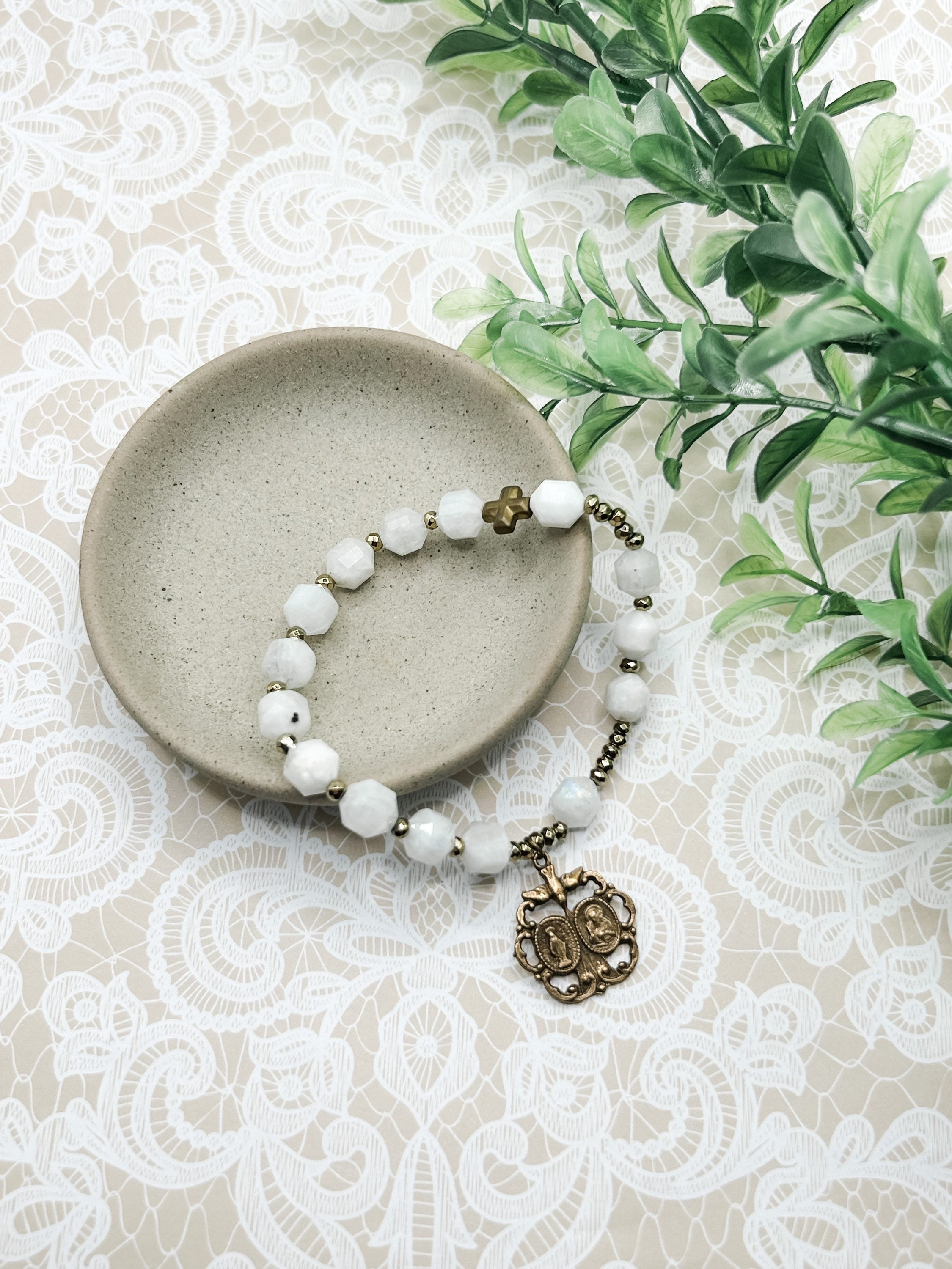 Scapular Single-Decade Rosary Bracelet | Moonstone | Hematite | Solid Bronze | Catholic Jewelry Gift | Religious Gift