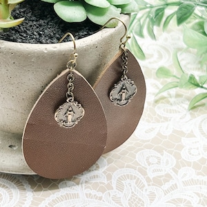 CLEARANCE Miraculous Medal Boho Dangle Earrings | Leather | Solid/Pure Bronze | Religious Jewelry | Catholic Gift | Modern/Minimalist Faith